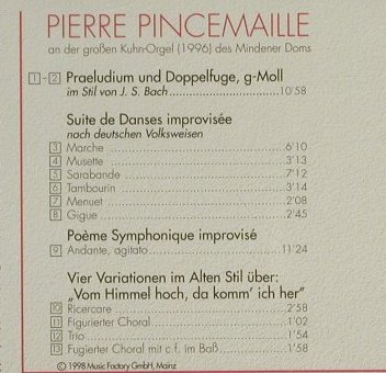 Pincemaille,Pierre: Improvisationen,Kuhn Orgel Minden, Wergo, D, 1998 Typ: CD Best.-Nr.: 94348 Preis: 10,00 Euro