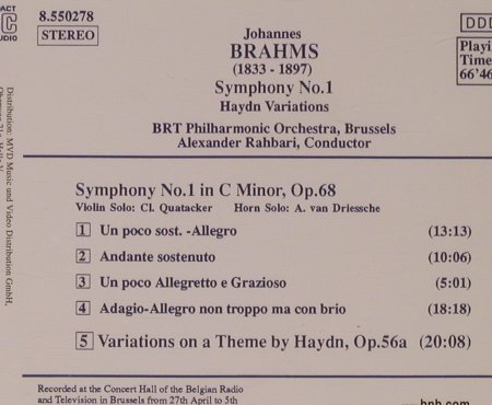 Brahms,Johannes: Sinfonie Nr.1 / Haydn Variations, Naxos (8.550278), D, 1989 Typ: CD Best.-Nr.: 94706 Preis: 5,00 Euro