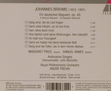 Brahms,Johannes: Ein Deutsches Requiem(87), Teldec, D, 1992 Typ: CD Best.-Nr.: 94723 Preis: 7,50 Euro
