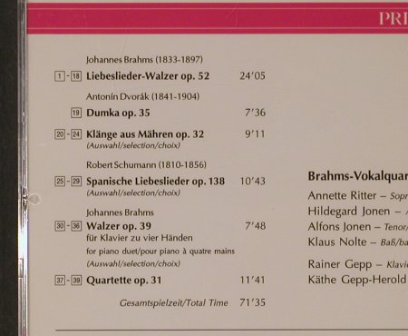 Brahms,J. / Schumann / Dvorak: Liebeslieder der Romantik, Prezioso (800.023), D, 1996 Typ: CD Best.-Nr.: 94794 Preis: 10,00 Euro