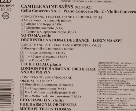 Saint-Saens,Camille: Cellokonzert 1/Pianokonzert 2/Violi, CBS (MDK 46506), NL, 1990 Typ: CD Best.-Nr.: 94825 Preis: 7,50 Euro