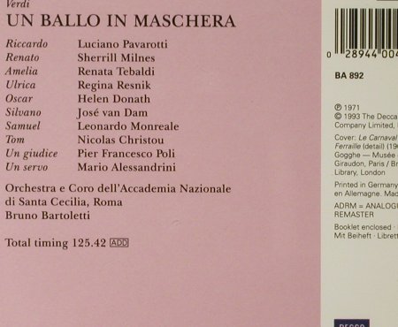 Verdi,Guiseppe: Un Ballo In Maschera'1971, Decca (440 042-2), D, 1993 Typ: 2CD Best.-Nr.: 95269 Preis: 14,00 Euro