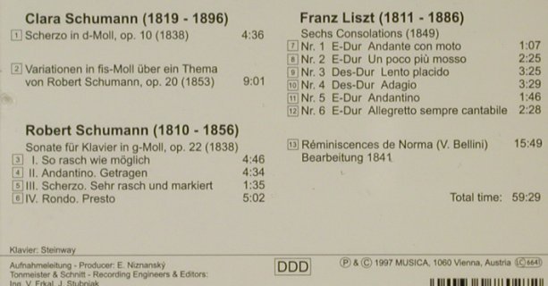 Moser,Barbara - Piano: Clara u. Robert Schuman, Liszt, Musica Classic (780027-2), A, 1997 Typ: CD Best.-Nr.: 95554 Preis: 10,00 Euro