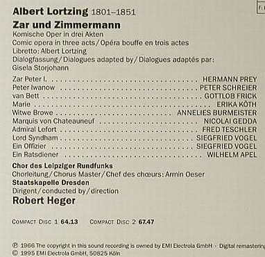Lortzing / Heger: Zar und Zimmermann'66, EMI, NL, 1995 Typ: 2CD Best.-Nr.: 96051 Preis: 10,00 Euro
