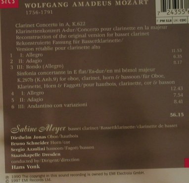 Meyer,S., Mozart: Clarinet Concerto'90, K.622, etc., EMI(), NL, 1997 - CD - 96058 - 10,00 Euro