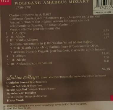 Meyer,S., Mozart: Clarinet Concerto'90, K.622, etc., EMI, NL, 1997 Typ: CD Best.-Nr.: 96058 Preis: 10,00 Euro