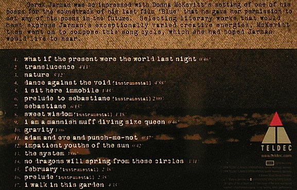 Jarman,Derek / Mckevitt,Donna: Translucence, poetry/music, Teldec, D, 1998 Typ: CD Best.-Nr.: 96828 Preis: 10,00 Euro