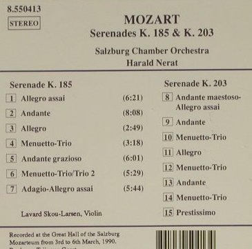 Mozart,Wolfgang Amadeus: Serenades K.185 & K.203, Naxos (8.550413), D, 1990 Typ: CD Best.-Nr.: 97405 Preis: 5,00 Euro