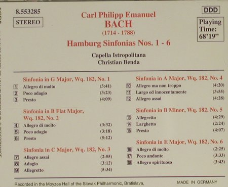 Bach,Carl Philipp Emanuel: Hamburg Sinfonias Nos.1-6, Naxos (8.553285), D, 1997 Typ: CD Best.-Nr.: 97407 Preis: 10,00 Euro