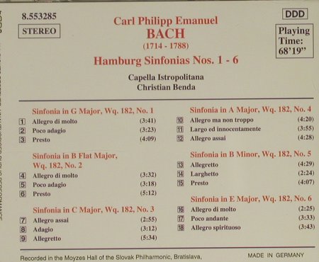 Bach,Carl Philipp Emanuel: Hamburg Sinfonias Nos.1-6, Naxos(8.553285), D, 1997 - CD - 97407 - 10,00 Euro