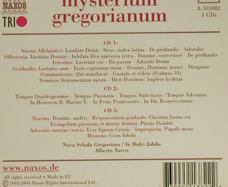 V.A.Mysterium Gregorianum: Meditative Klostergesänge, Boxed, Naxos (8.503082), D, 2006 Typ: 3CD Best.-Nr.: 97415 Preis: 10,00 Euro