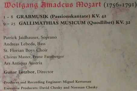 Mozart,Wolfgang Amadeus: Grabmusik/Gallimathias Musicum, Chesky (CD172), , 1998 Typ: CD Best.-Nr.: 98179 Preis: 10,00 Euro