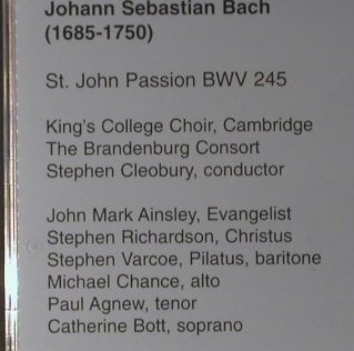 Bach,Johann Sebastian: St. John Passion, Regis (RRC 2003), , 1995 Typ: 2CD Best.-Nr.: 98183 Preis: 12,50 Euro