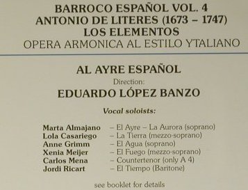De Literes,Antonio: Barocco Espanol Vol.4:Los Elementos, Harmonia Mundi(), EU, 1998 - CD - 98454 - 17,50 Euro