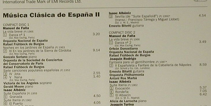 V.A.Musica Classica De Espana II: Falla, Albeniz, Granados..., EMI (CMS 7 64467 2), NL, 1992 Typ: 2CD Best.-Nr.: 98608 Preis: 17,50 Euro