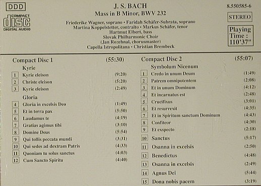 Bach,Johann Sebastian: Messe B-moll, BWV 232, Naxos(8.550585-6), D, 1992 - 2CD - 99072 - 7,50 Euro