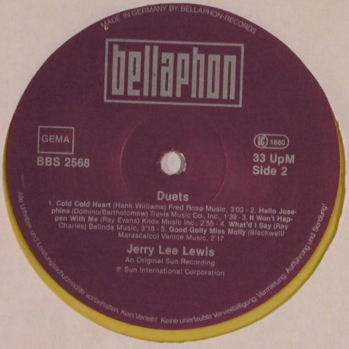 Lewis,Jerry Lee & Friends: Duets,Yellow Vinyl (feat.Elvis ?), Bellaphon (BBS 2568), D, 1978 Typ: LP Best.-Nr.: V3089 Preis: 9,00 Euro