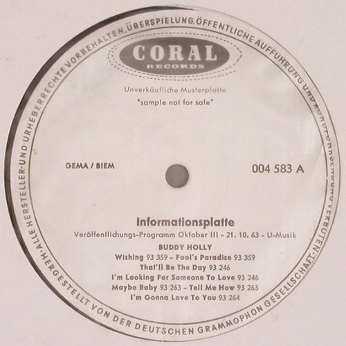 Holly,Buddy: Informationsplatte, vg+/No Cover, Coral, Promo, Mono(004 583), D, +2Label, 1963 - LP - V714 - 25,00 Euro