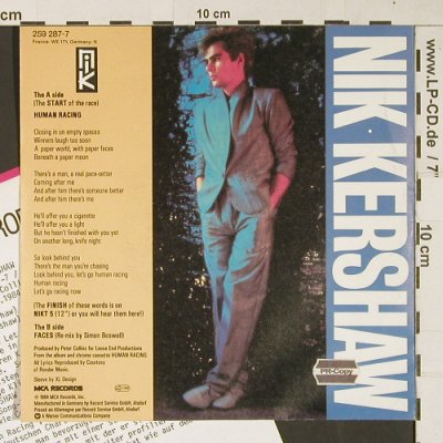 Kershaw,Nik: Human Racing / Faces (rmx), MCA (259 287-7), D, 1984 Typ: 7" Best.-Nr.: S9433 Preis: 2,50 Euro