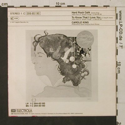 King,Carole: Hard Rock Cafe/ToKnowThat I LoveYou, Capitol/EMI (006-85 190), D, 1977 Typ: 7" Best.-Nr.: T1821 Preis: 10,00 Euro