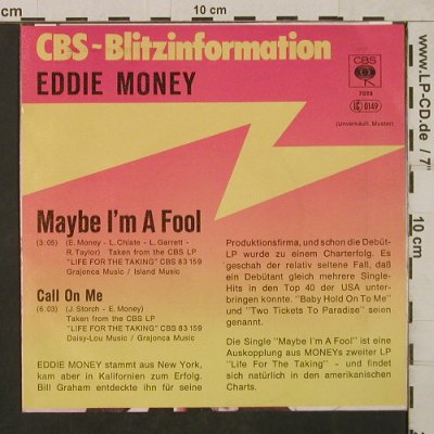 Money,Eddie: Maybe I'm a Fool / Call on Me, CBS BlitzInfo(CBS S 7088), D, 1979 - 7inch - T1850 - 5,00 Euro