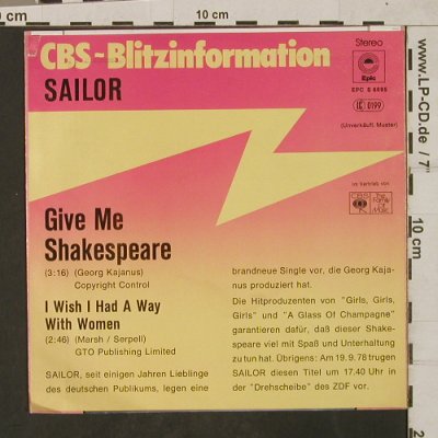 Sailor: Give Me Shakespeare, Epic/CBS-Blitzinfo(EPC S 6695), D, 1978 - 7inch - T1875 - 4,00 Euro