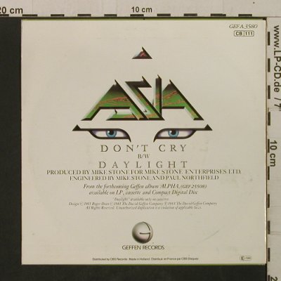 Asia: Don't Cry / Daylight, woc, Geffen(A 3580), NL, 1983 - 7inch - T2095 - 2,00 Euro