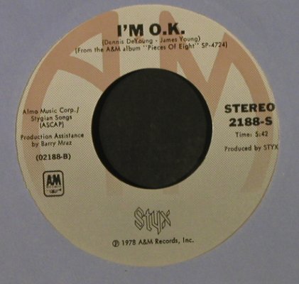 Styx: Babe / I'm O.K., FLC w. price stoc, AM(2188-S), US, 1979 - 7inch - T2235 - 2,00 Euro