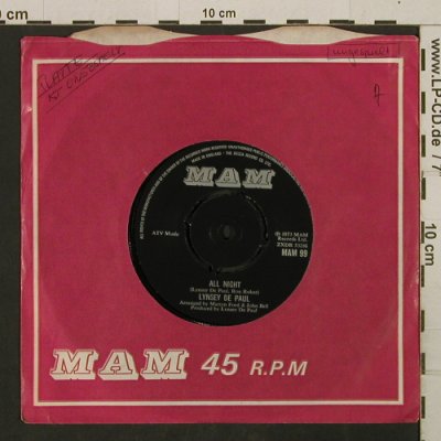 De Paul,Lynsey: All Night / Blind Leading The Blind, MAM, FLC,woc (MAM 99), UK, 1973 Typ: 7" Best.-Nr.: T2742 Preis: 2,00 Euro