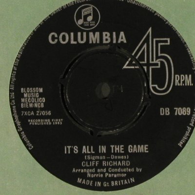 Richard,Cliff: It's all in the Game/Your eyes..FLC, Columbia, woc(DB 7089), UK,vg+/vg+,  - 7inch - S8847 - 7,50 Euro