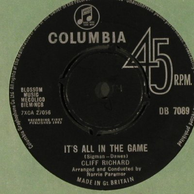 Richard,Cliff: It's all in the Game/Your eyes..FLC, Columbia, woc (DB 7089), UK,vg+/vg+ Typ: 7" Best.-Nr.: S8847 Preis: 7,50 Euro