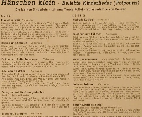 V.A.Hänschen klein - Beliebte: Kinderlieder m.d.kleinen Singerlein, Telefunken(UX 5132), D,Potpour.,  - EP - T1136 - 4,00 Euro