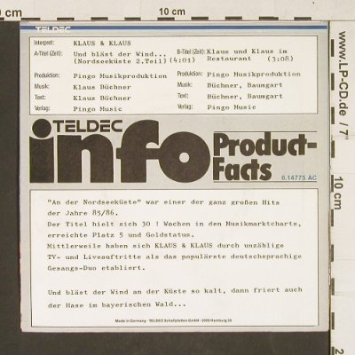 Klaus&Klaus: Und bläst der Wind..,Nordseeküste 2, Teldec (6.14775 AC), D, 1987 Typ: 7" Best.-Nr.: T169 Preis: 3,00 Euro