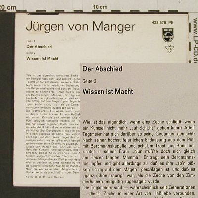 von Manger,Jürgen: Der Abschied / Wissen ist Macht, Philips(423 579 PC), D, 1966 - 7inch - T3050 - 4,00 Euro