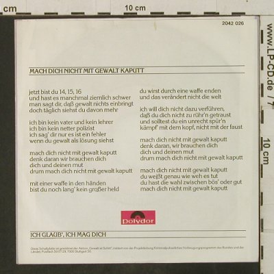 Danzer,Georg: Mach dich nicht mit Gewalt kaputt, Polydor (2042 026), D, 1976 Typ: 7" Best.-Nr.: T3409 Preis: 3,00 Euro