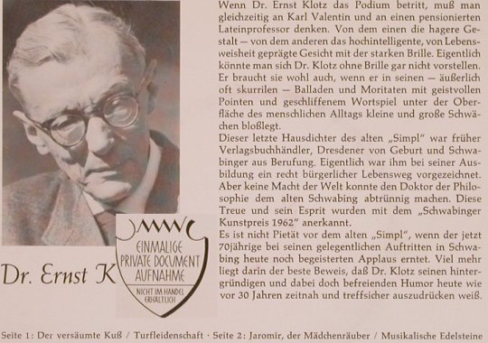 Klotz,Dr.Ernst: Schwabinger Kleinkunst Kostbarkeit., Private Dokumentaufn., D Typ: 7" Best.-Nr.: T4634 Preis: 5,00 Euro