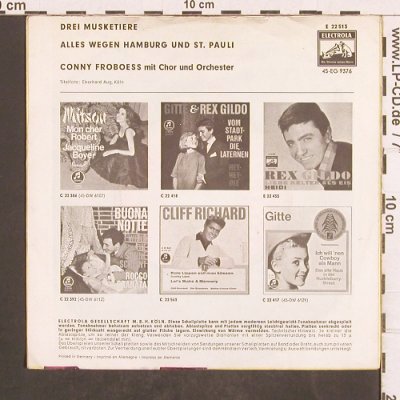 Conny (Froboess): Drei Musketiere/Alles wegen Hamburg, Electrola (E 22 513), D, m-/vg+ Typ: 7" Best.-Nr.: T4945 Preis: 4,00 Euro
