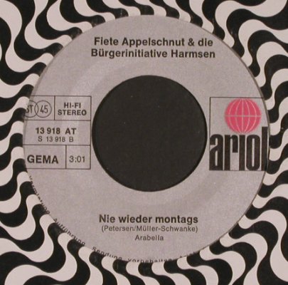 Fiete Appelschnut&Bürgerini.Harmsen: Ich hab so Angst u.d.HamburgerSzene, Ariola m-/NoCover (13 918 AT), D, LC, 1975 Typ: 7" Best.-Nr.: T5168 Preis: 2,50 Euro
