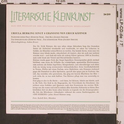 Herking,Ursula: singt 4 Chansons v.Erich Kästner, D.Gr. Kleinkunst (EPLS 34 019), D, m-/vg+, 1961 Typ: EP Best.-Nr.: T5423 Preis: 6,00 Euro