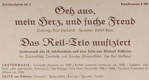 Reil-Trio / Paul Gerhardt: Geh aus mein Herz und suche Freund, R.T. (E 200), D, Mono Typ: 7" Best.-Nr.: S7598 Preis: 3,00 Euro