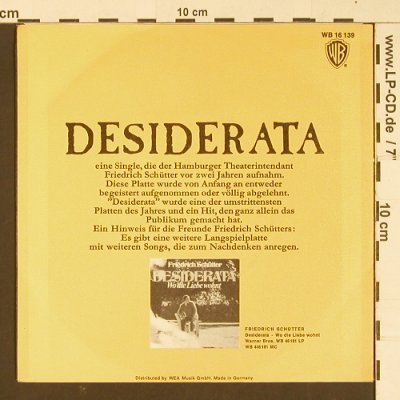 Les Crane / Friedrich Schütter: Desiderata, engl/deut. vers., WB (WB 16 139), D, 1971 Typ: 7" Best.-Nr.: S8851 Preis: 3,00 Euro