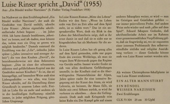 Rinser,Luise - spricht: David-Geschichte eines Judenjungen, Christophorus (CV 73 001), D Typ: 7" Best.-Nr.: T1268 Preis: 5,00 Euro