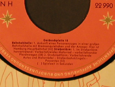 V.A.Geräuschplatte 10: Eisenbahn,Bahnhofshalle,Staßenlärm, Polydor (22 990), D, 1958 Typ: EP Best.-Nr.: T1298 Preis: 2,50 Euro
