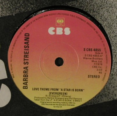 Streisand,Barbra: Love Theme From "A Star Is Born", CBS (S CBS 4855), UK, FLC, 1976 Typ: 7" Best.-Nr.: T2205 Preis: 3,00 Euro