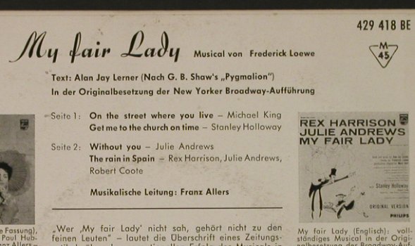 My Fair Lady: Original Cast, Philips (429 418), D, 1962 Typ: EP Best.-Nr.: T2453 Preis: 3,00 Euro