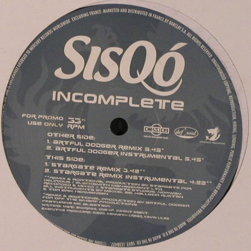 Sisqo: Incomplete*4, FLC, Def Soul, EU,Promo, 2000 Typ: 12" Best.-Nr.: B9411 Preis: 1,00 Euro