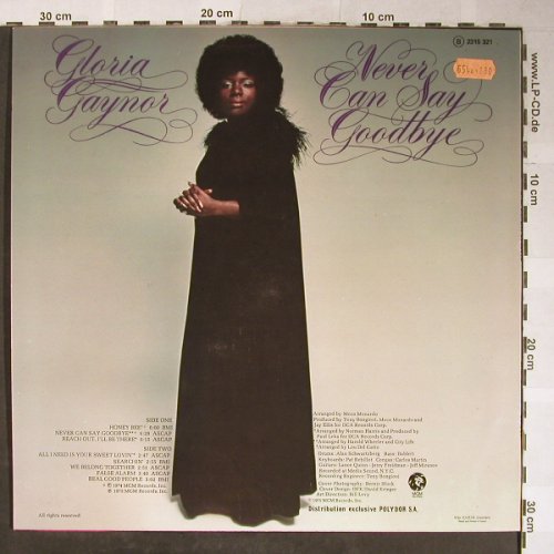 Gaynor,Gloria: Never Say Goodbye, MGM(2315 321), F, 1975 - LP - H5562 - 6,50 Euro
