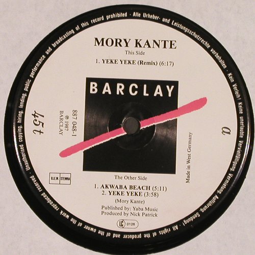 Kante,Mory: Yeke Yeke*2+1 (remix+single), Barclay (887 048-1), D, 1987 Typ: 12" Best.-Nr.: V227 Preis: 4,00 Euro