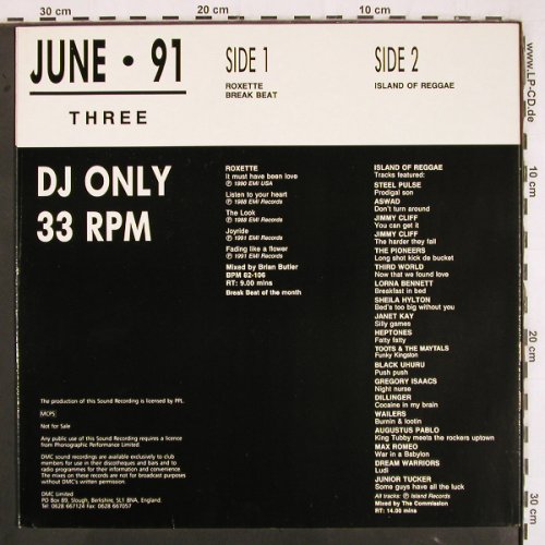 V.A.DMC June 91 - Three: Roxette,Break Beat,Island of Reggae, DMC (101/3), UK, 1991 Typ: LP Best.-Nr.: V3382 Preis: 12,50 Euro