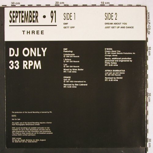 V.A.DMC September 91 - Three: EMF,Prince,D'Bora,Afrika Bambata, DMC (BMG 104/3), UK, 1991 Typ: LP Best.-Nr.: V3393 Preis: 12,50 Euro